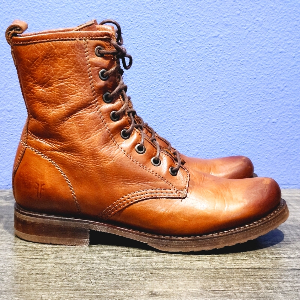 Frye Tan Leather Lace-Up Heeled Boots